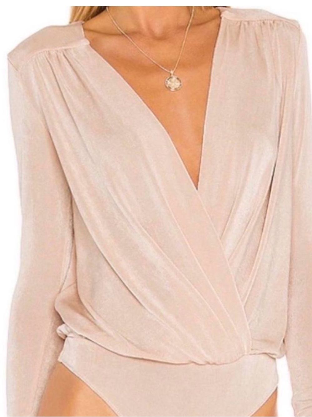 Free People Draped Crossover Long Sleeve Bodysuit in Blush Nude